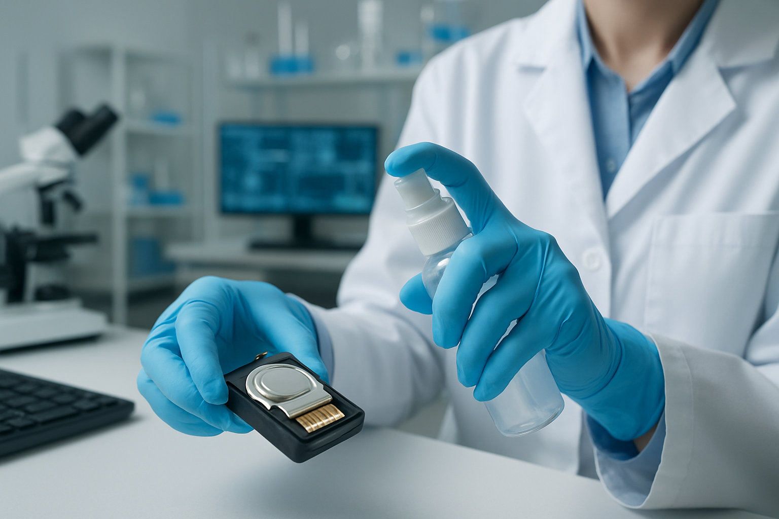 A laboratory scene featuring a person in a white lab coat and blue gloves intently handling a small black electronic device with a goldcolored component The individual is using a spray bottle likely filled with liquid to clean or treat the device The